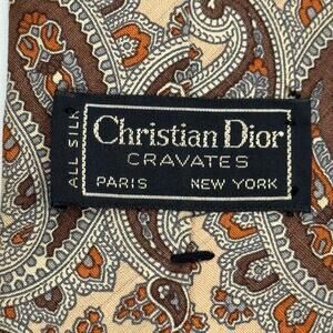VINTAGE CHRISTIAN DIOR Neck Tie Silk Brown & Cream Paisley Yuppie Quiet Luxury